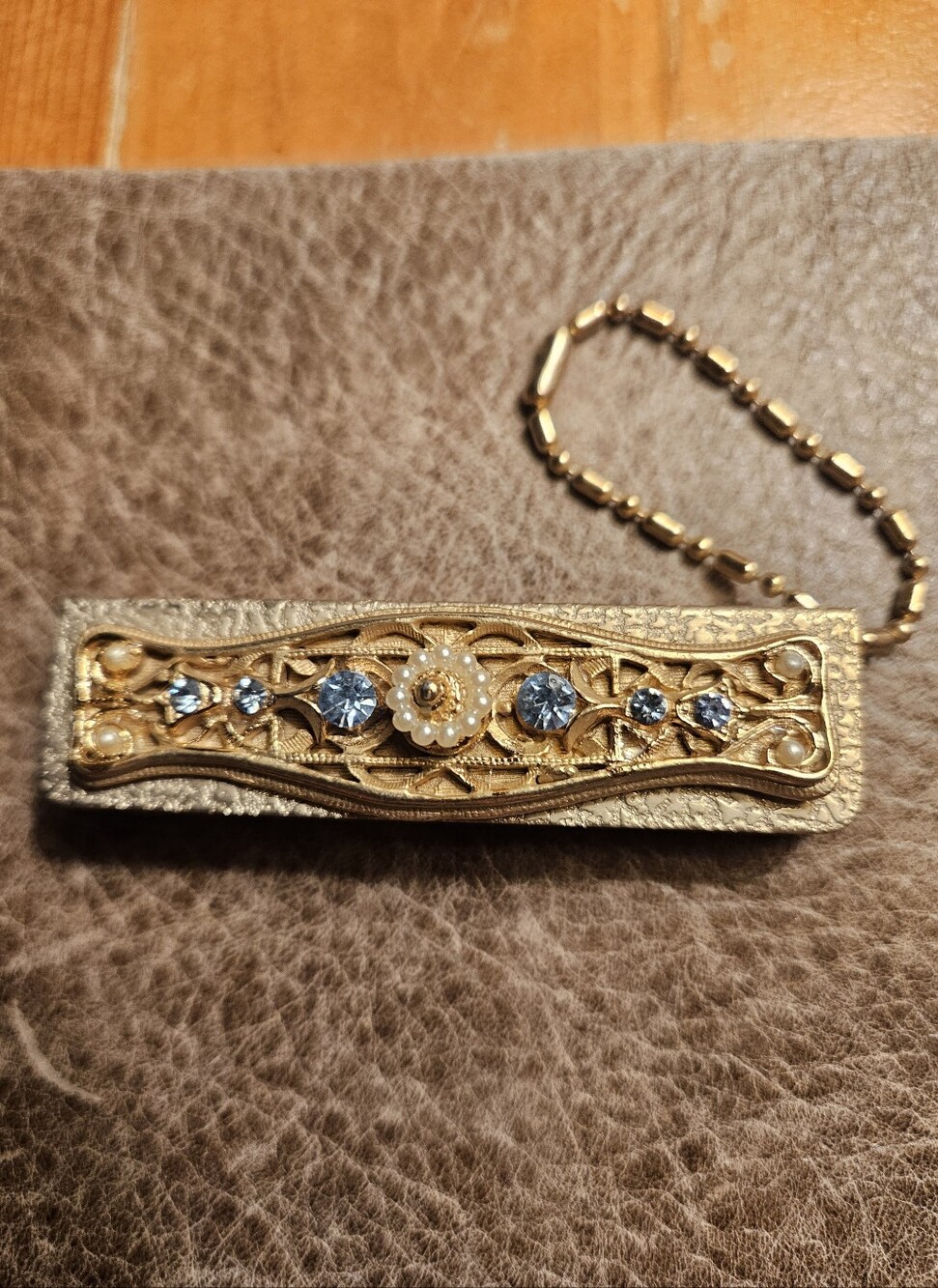 Vintage Jeweled Gold Tone Chateline Faning Address Book With Chain.